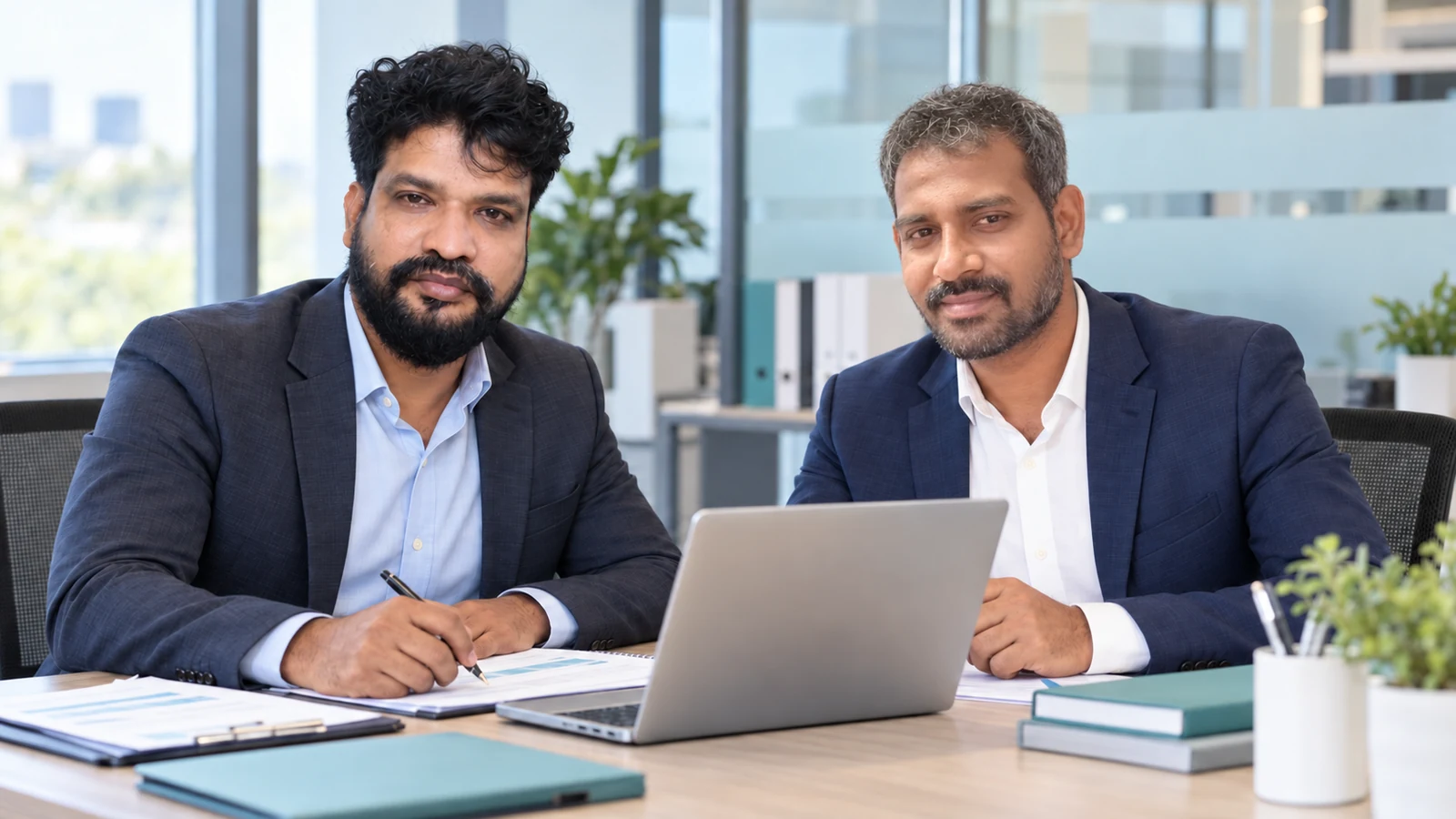 AI-created office scene featuring Mr. Nagaraj on the left and Mr. Anbu on the right reviewing provider application paperwork.